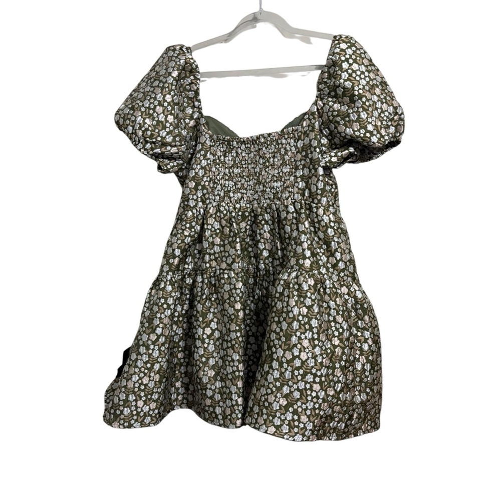 New Lulus Sz XL Confident Sweetheart Olive Floral Jacquard Tiered Mini Dress - Picture 6 of 8